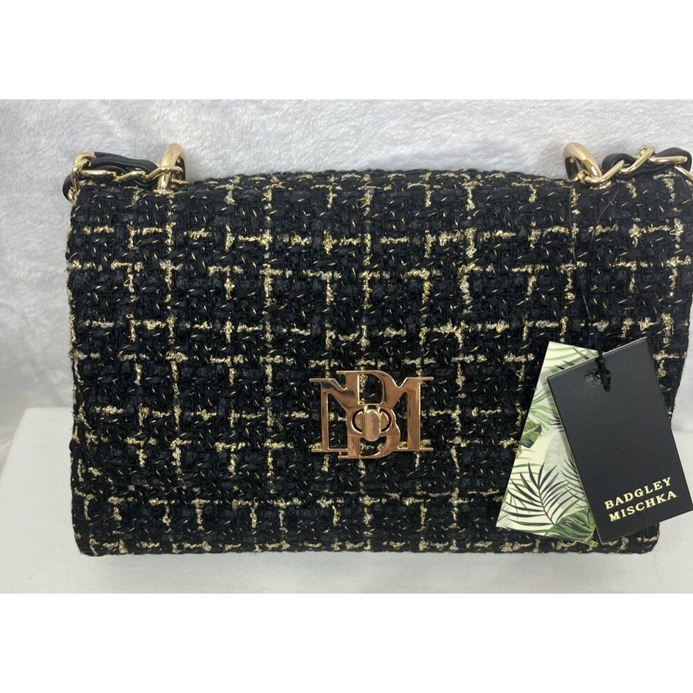 Bagley Mischka Textured Messenger Bag Tweed Black Gold Vegan Leather NEW